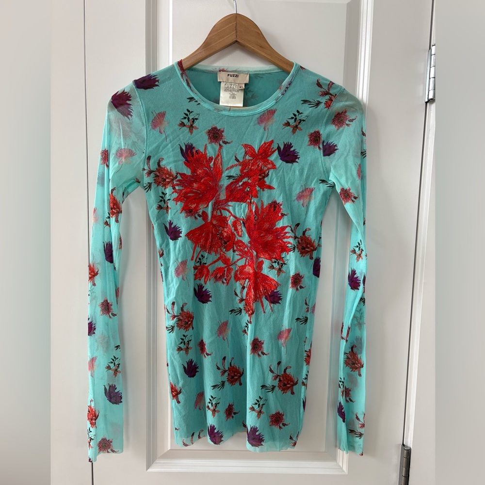 Y2K Turquoise Floral Long-Sleeve Top with Red Accent